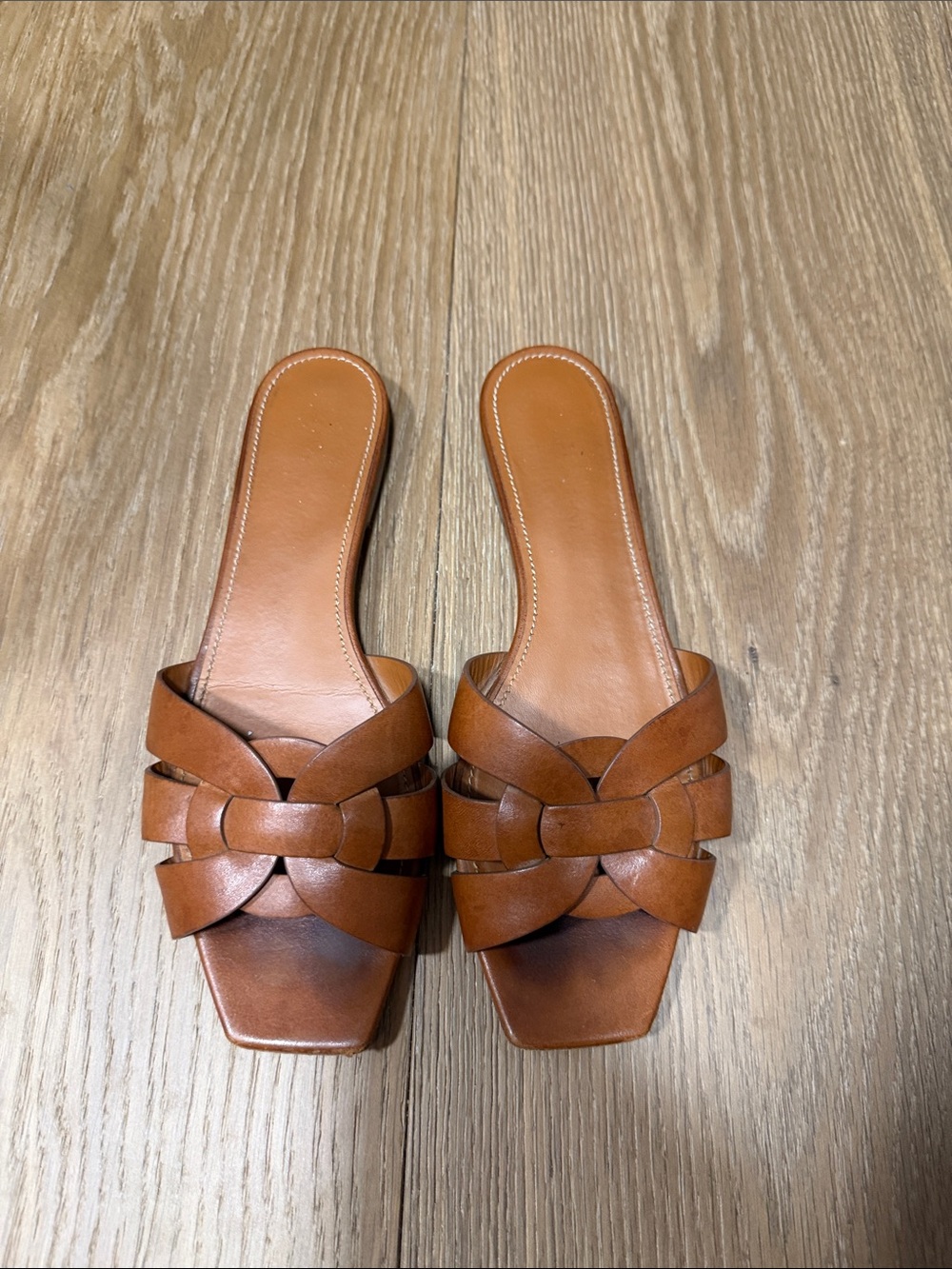 Saint Laurent Brown Leather Braided Slide Sandals